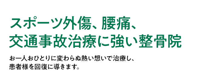 スポーツ外傷、腰痛、交通事故治療に強い整骨院お一人おひとりに変わらぬ熱い想いで治療し、患者様を回復に導きます。