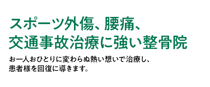 スポーツ外傷、腰痛、交通事故治療に強い整骨院お一人おひとりに変わらぬ熱い想いで治療し、患者様を回復に導きます。